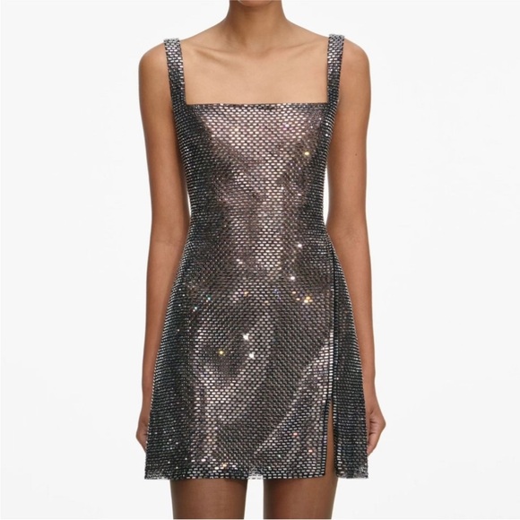 Self-Portrait Gunmetal Rhinestone Mesh Mini Dress US4 - Picture 5 of 8